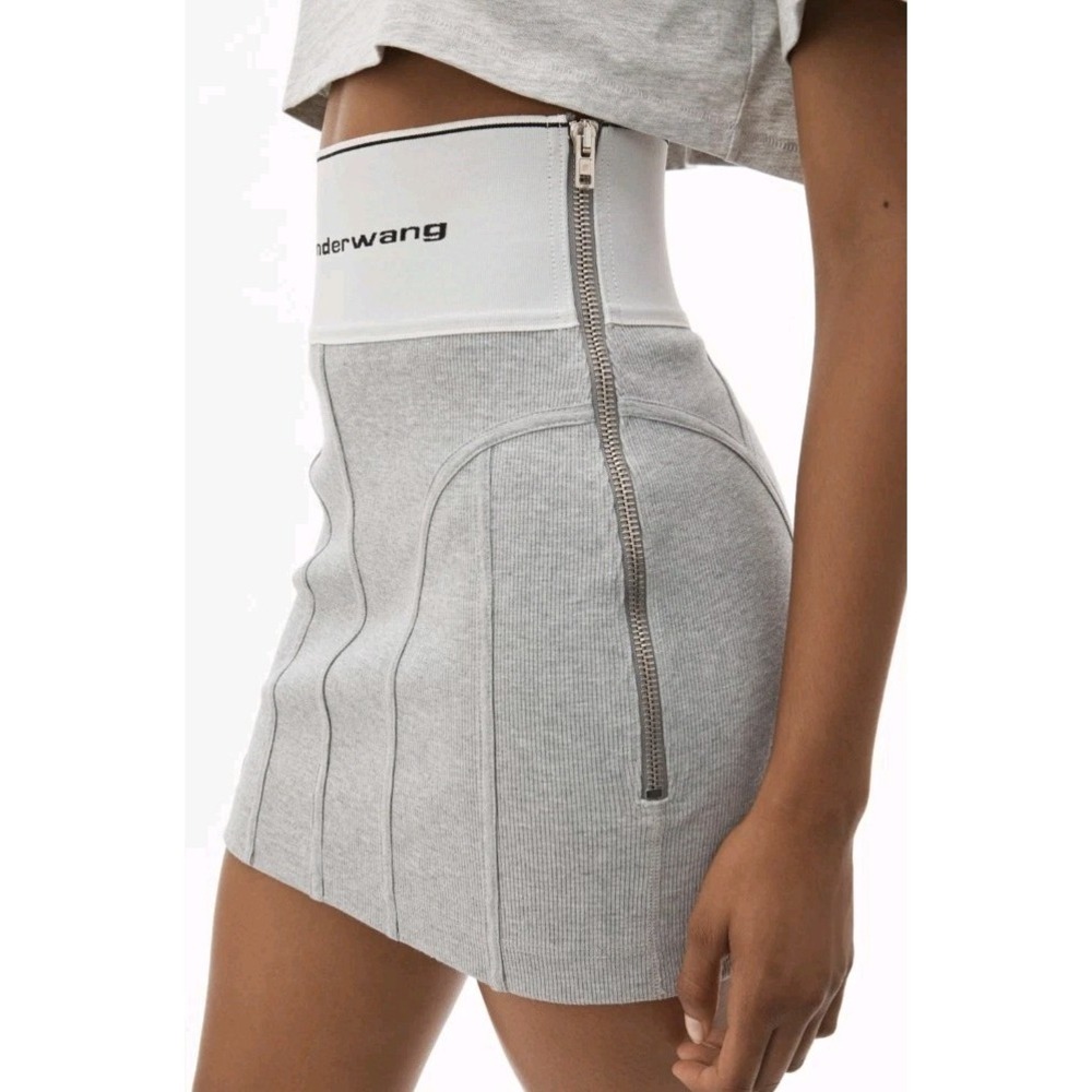 Alexander Wang Skirt Logo Waistline Ribbed Mini Side Zip Stretch Elastic Sz S
